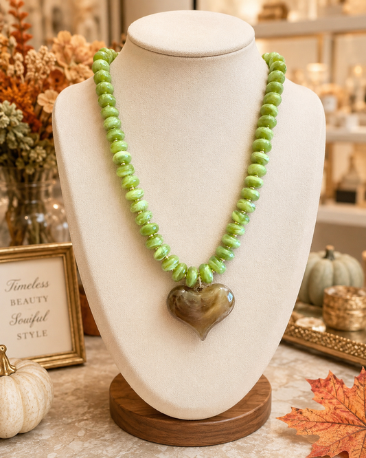 Green Beaded Heart Necklace, Brown Marbled Heart Pendant, Lime Green Statement Necklace, Boutique Jewelry, Gift for Her