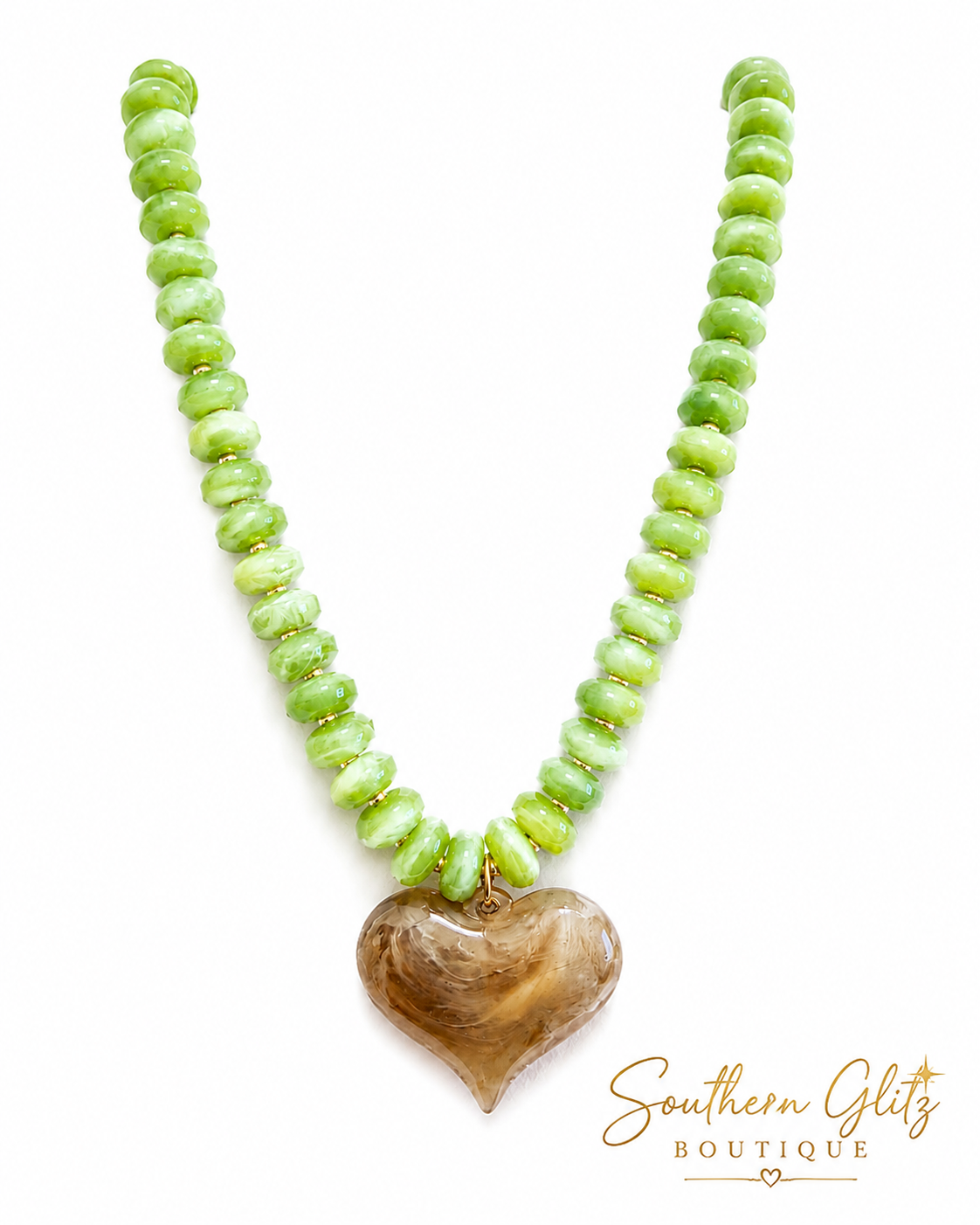 Green Beaded Heart Necklace, Brown Marbled Heart Pendant, Lime Green Statement Necklace, Boutique Jewelry, Gift for Her