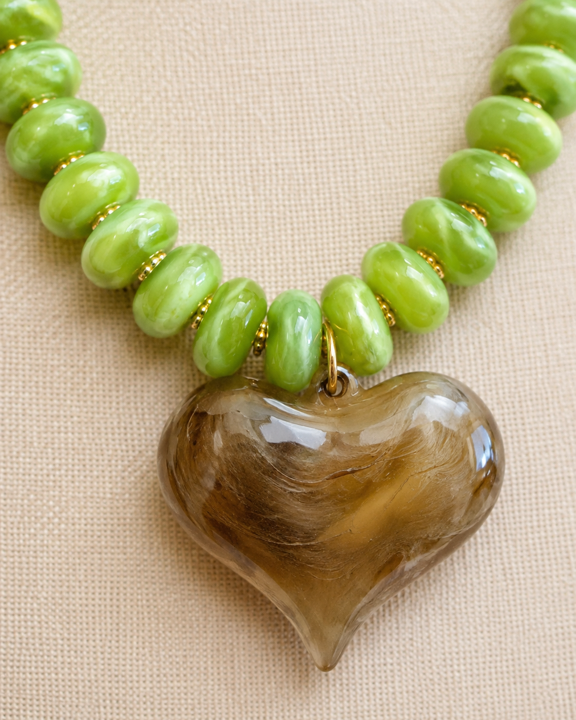 Green Beaded Heart Necklace, Brown Marbled Heart Pendant, Lime Green Statement Necklace, Boutique Jewelry, Gift for Her