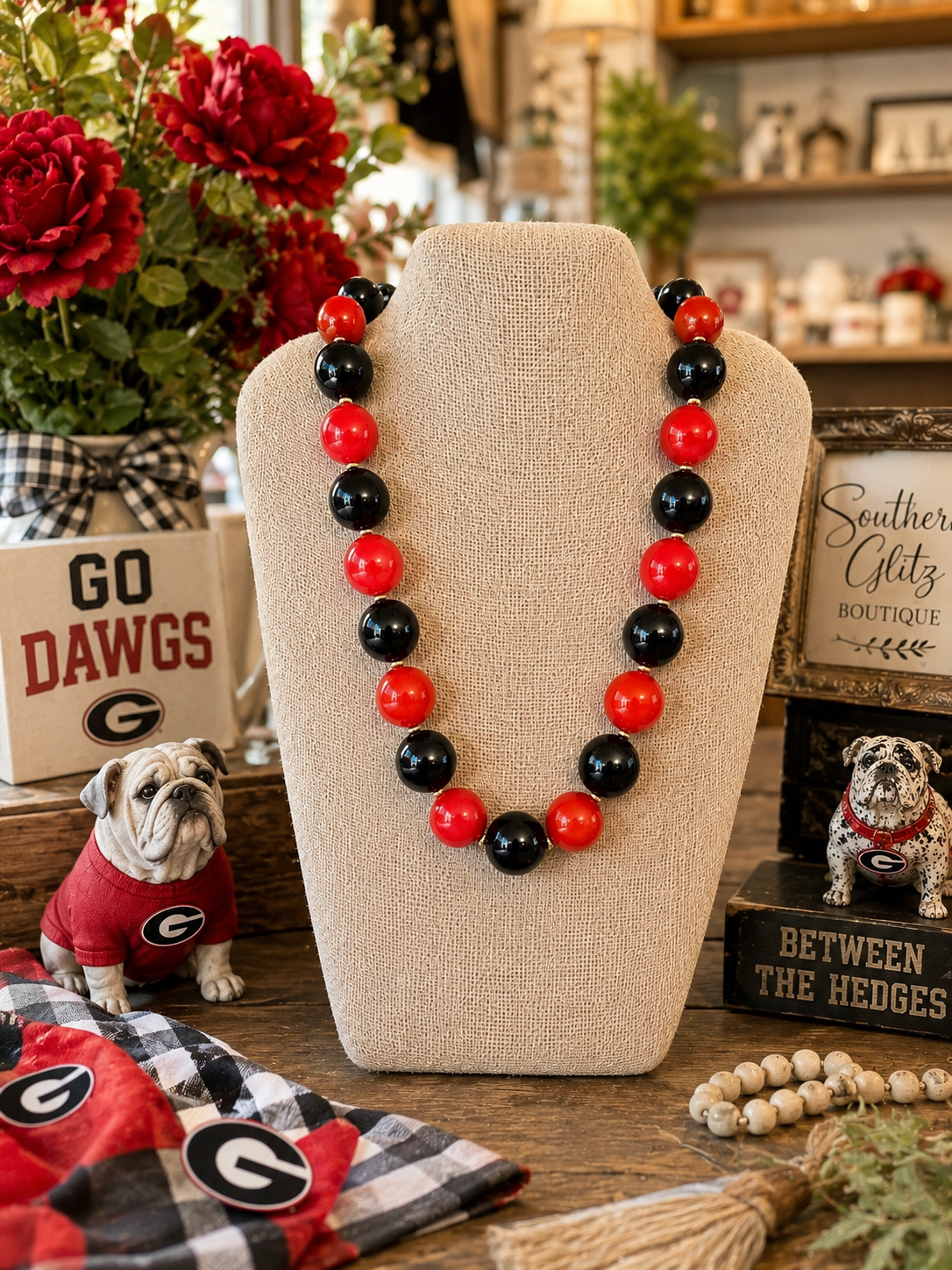 Red and Black Beaded Necklace | Georgia Game Day Jewelry | Bulldog Fan Necklace | Chunky Statement Beads | Southern Football Jewelry