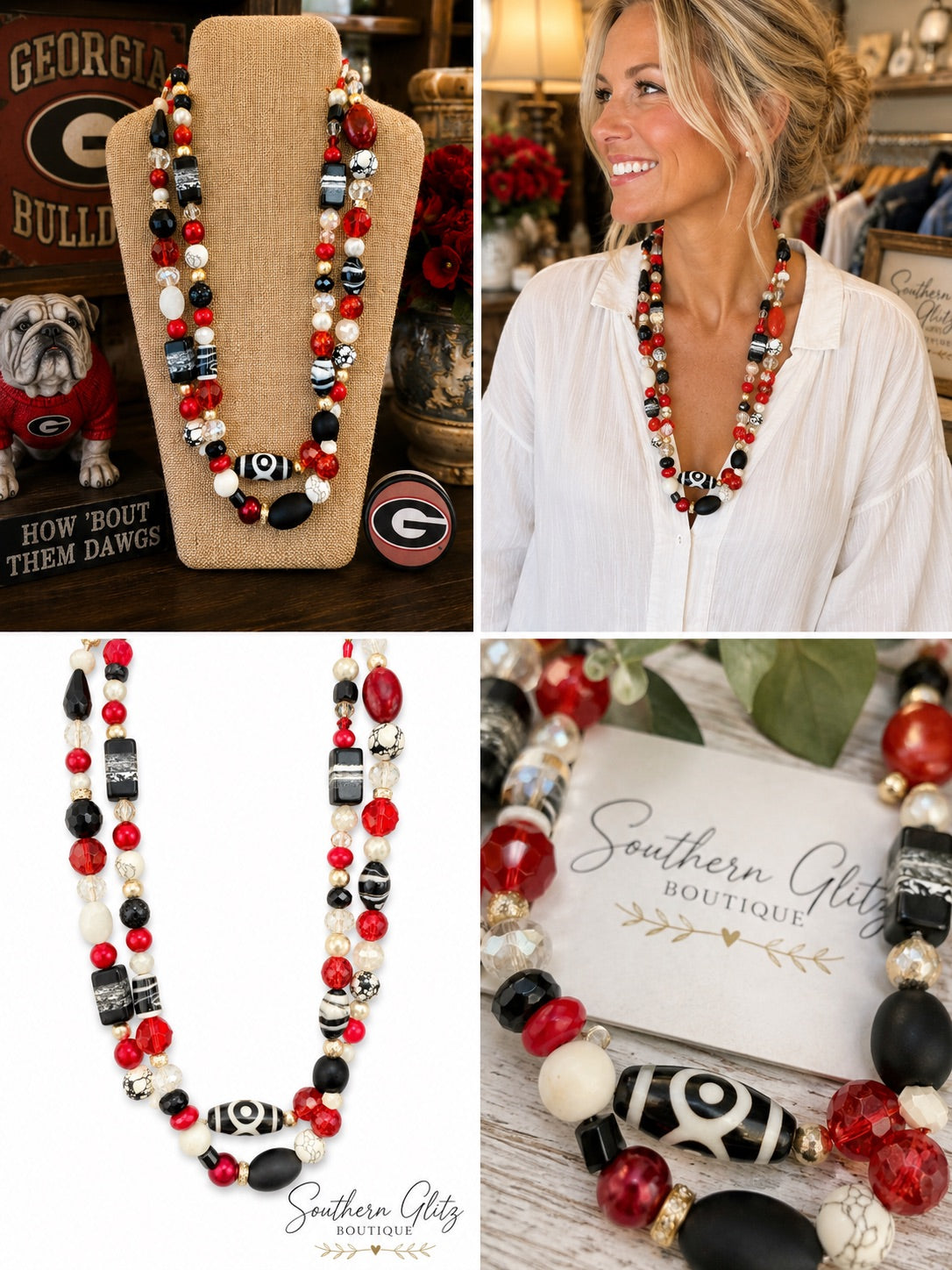 Red Black & White Beaded Necklace | Double Strand Game Day Jewelry | Georgia Inspired Statement Necklace | Bulldog Colors Jewelry
