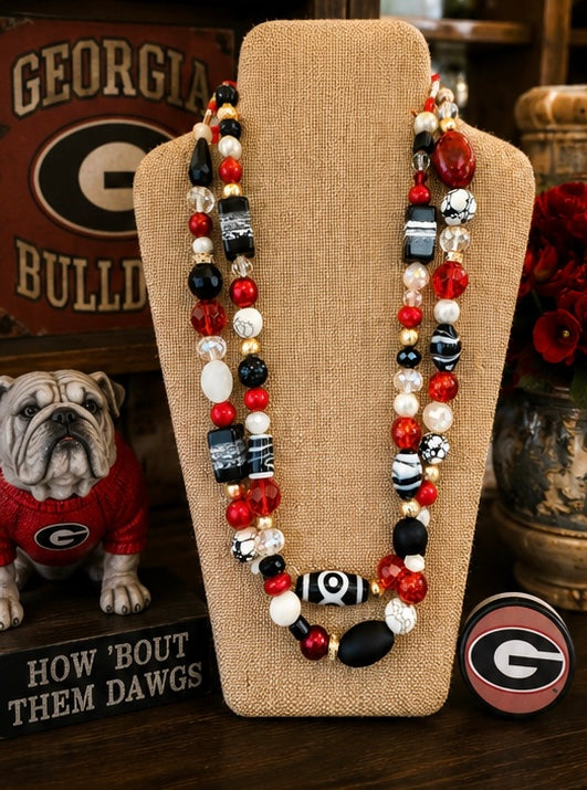 Red Black & White Beaded Necklace | Double Strand Game Day Jewelry | Georgia Inspired Statement Necklace | Bulldog Colors Jewelry