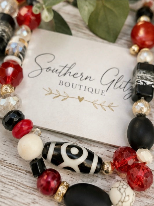 Red Black & White Beaded Necklace | Double Strand Game Day Jewelry | Georgia Inspired Statement Necklace | Bulldog Colors Jewelry