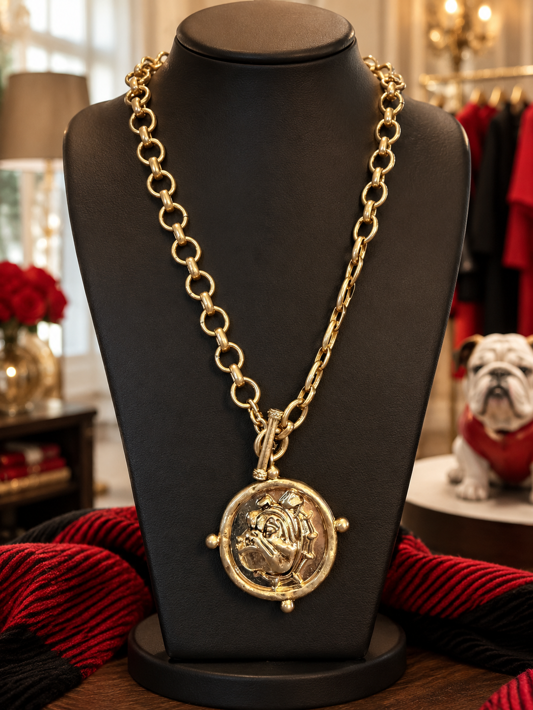 Gold Bulldog Medallion Necklace | Chunky Chain Game Day Jewelry | Georgia Bulldog Statement Necklace | Red Black Football Jewelry