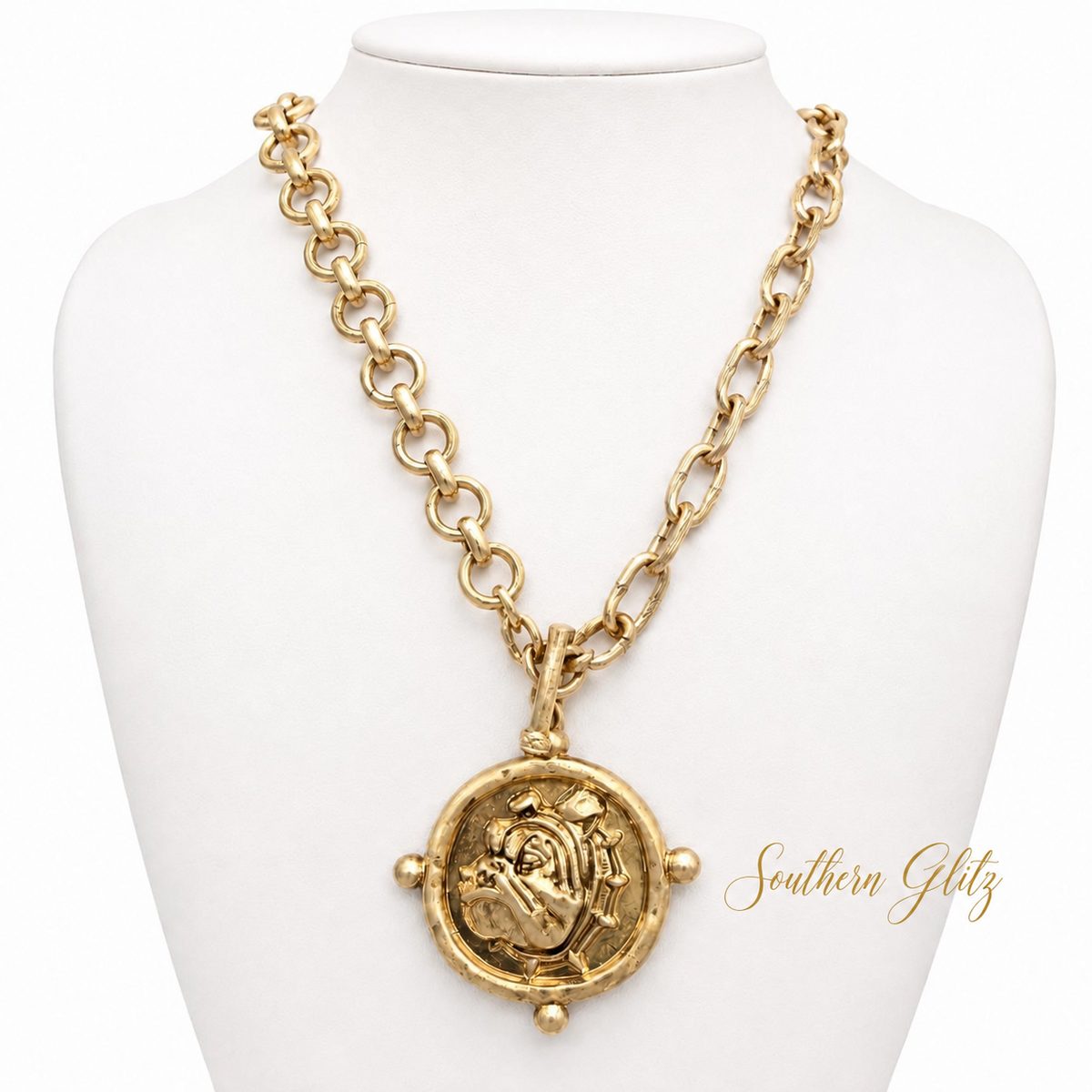 Gold Bulldog Medallion Necklace | Chunky Chain Game Day Jewelry | Georgia Bulldog Statement Necklace | Red Black Football Jewelry