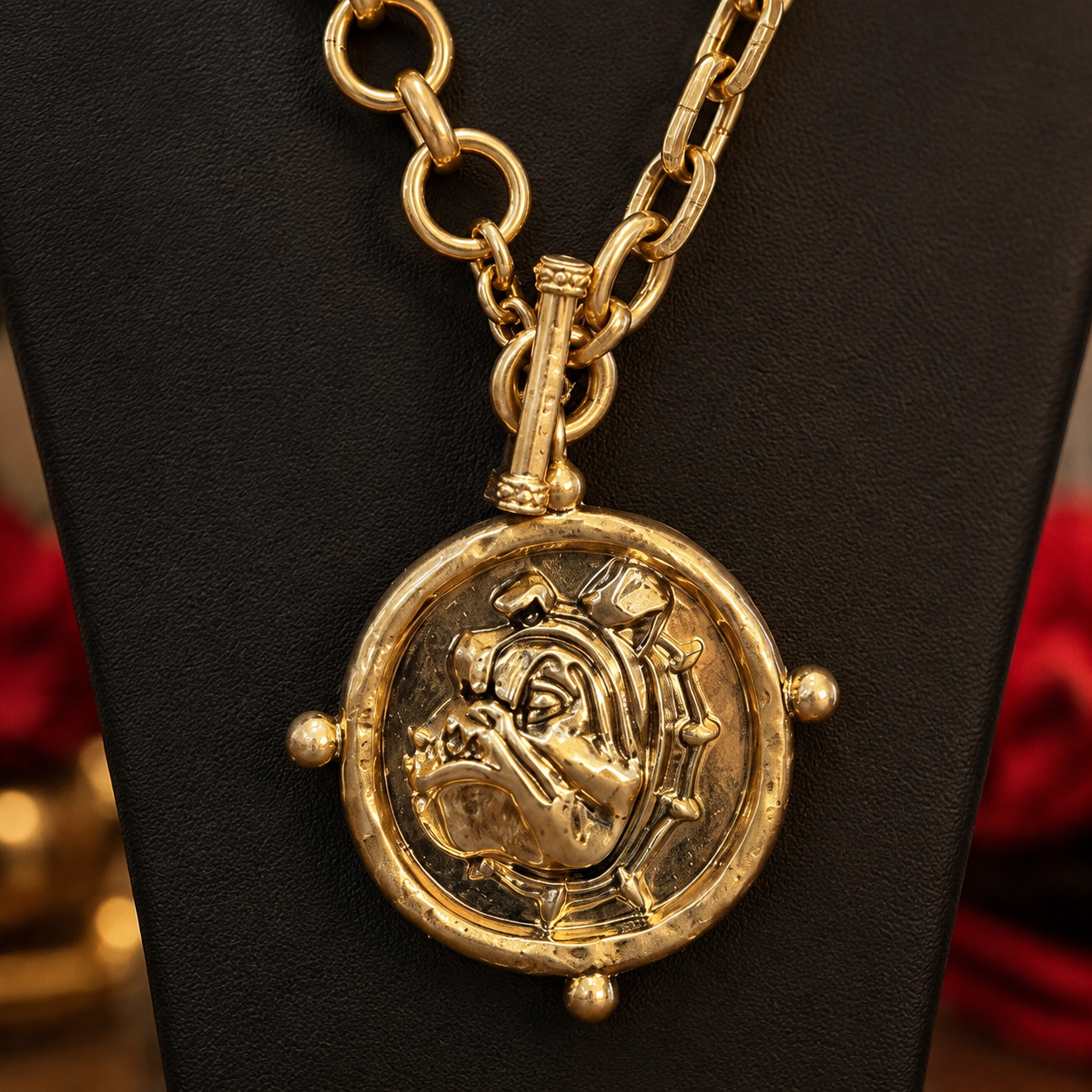 Gold Bulldog Medallion Necklace | Chunky Chain Game Day Jewelry | Georgia Bulldog Statement Necklace | Red Black Football Jewelry