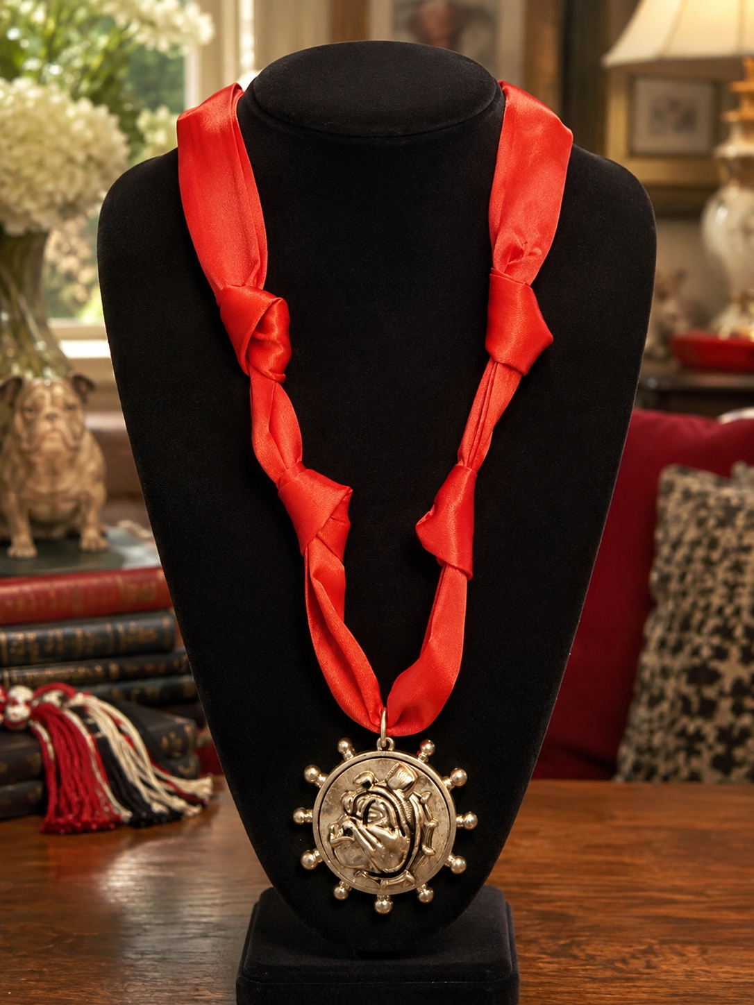 Red Satin Scarf Necklace with Gold Bulldog Medallion | Georgia Game Day Jewelry | Statement Bulldog Necklace | Red & Gold Boutique Jewelry