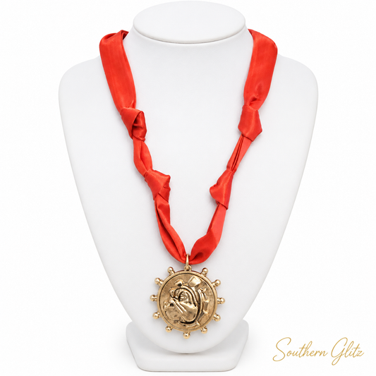 Red Satin Scarf Necklace with Gold Bulldog Medallion | Georgia Game Day Jewelry | Statement Bulldog Necklace | Red & Gold Boutique Jewelry