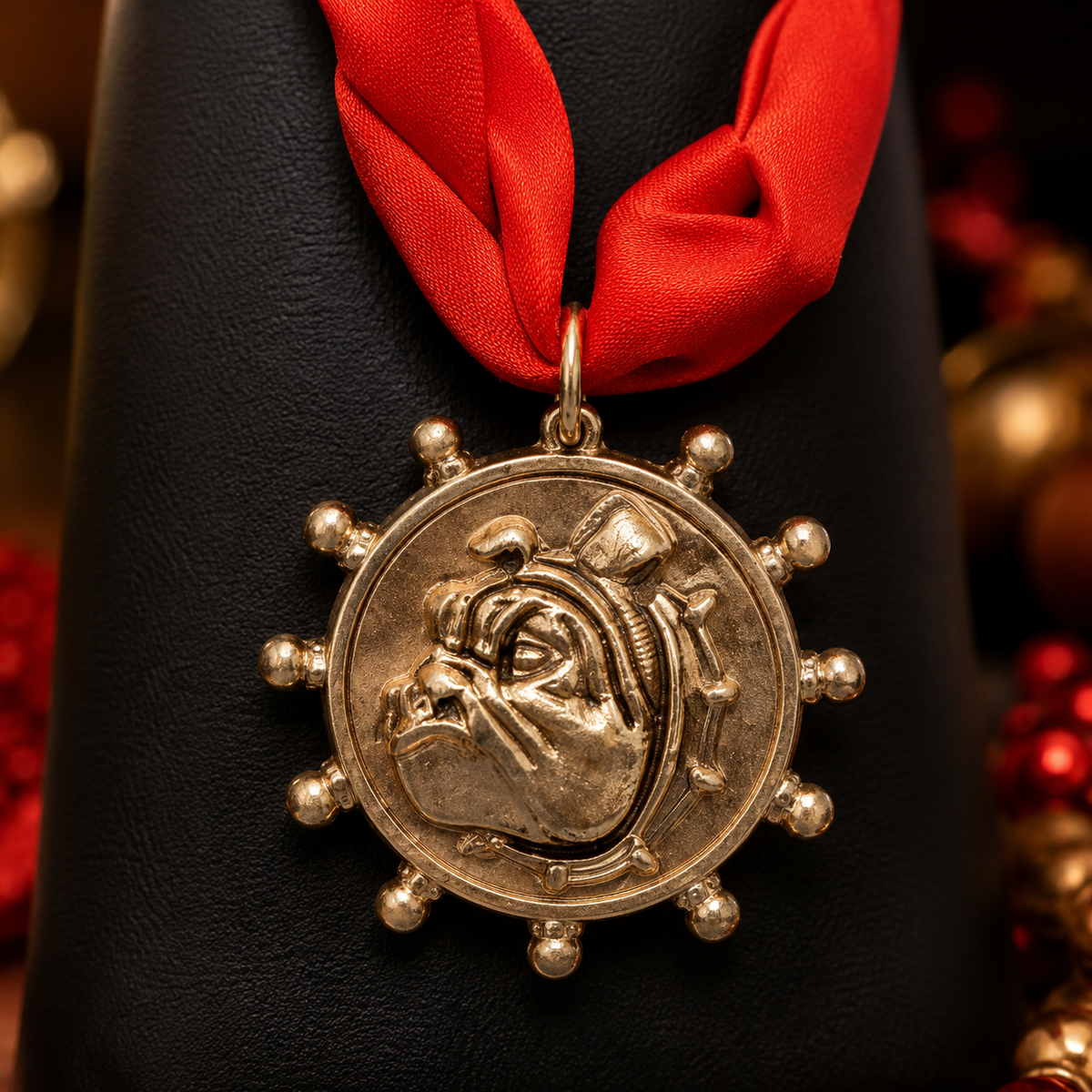 Red Satin Scarf Necklace with Gold Bulldog Medallion | Georgia Game Day Jewelry | Statement Bulldog Necklace | Red & Gold Boutique Jewelry