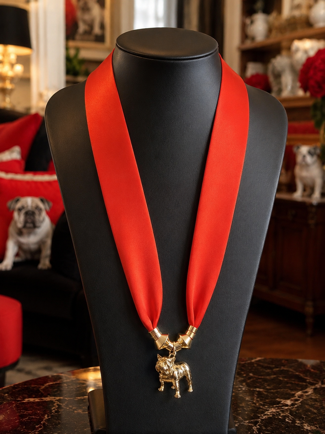 Red Satin Scarf Necklace with Gold Bulldog Charm | Georgia Game Day Jewelry | Bulldog Statement Necklace | Red & Gold Fan Jewelry
