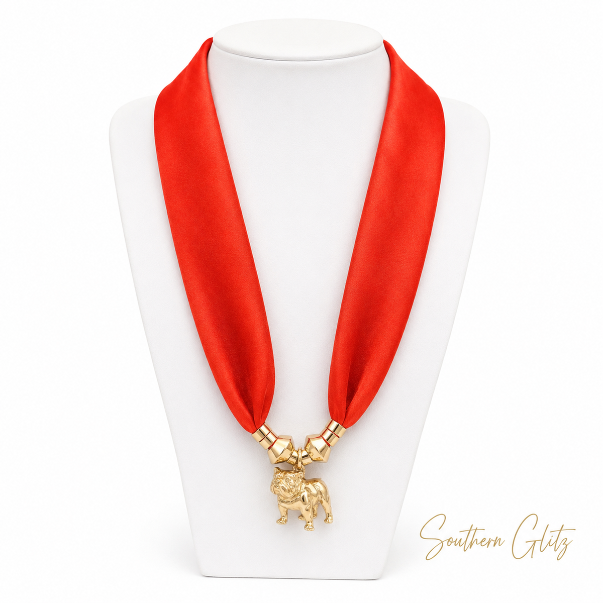 Red Satin Scarf Necklace with Gold Bulldog Charm | Georgia Game Day Jewelry | Bulldog Statement Necklace | Red & Gold Fan Jewelry