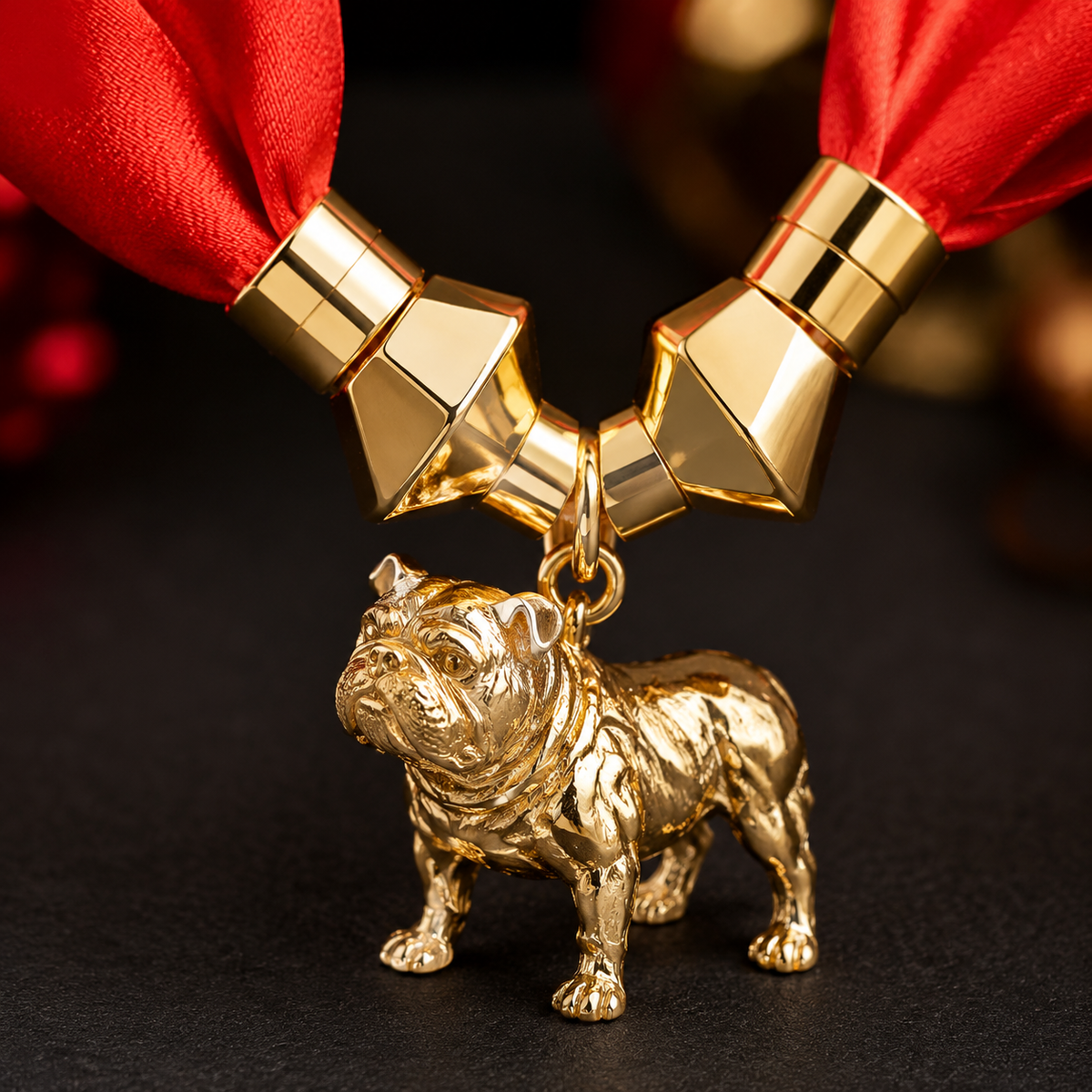Red Satin Scarf Necklace with Gold Bulldog Charm | Georgia Game Day Jewelry | Bulldog Statement Necklace | Red & Gold Fan Jewelry
