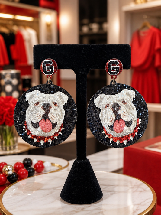 Bulldog Game Day Earrings | Red Black Glitter Statement Earrings | Georgia Fan Jewelry | Football Tailgate Earrings | Dawg Gift