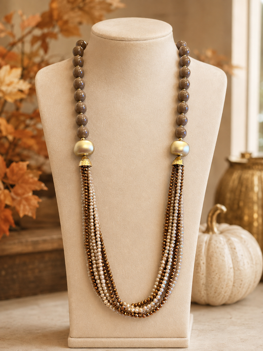 Taupe Multi Strand Statement Necklace, Bronze and Champagne Beaded Necklace, Gold Accent Necklace, Neutral Boutique Jewelry for Women