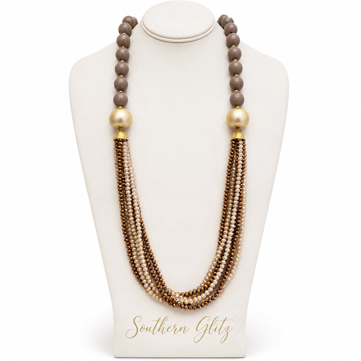 Taupe Multi Strand Statement Necklace, Bronze and Champagne Beaded Necklace, Gold Accent Necklace, Neutral Boutique Jewelry for Women