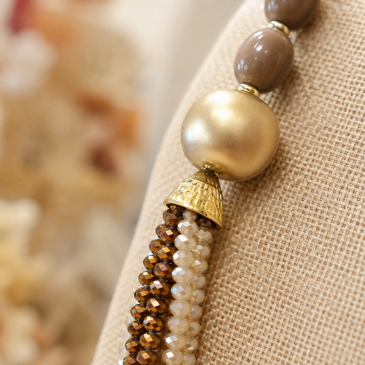 Taupe Multi Strand Statement Necklace, Bronze and Champagne Beaded Necklace, Gold Accent Necklace, Neutral Boutique Jewelry for Women