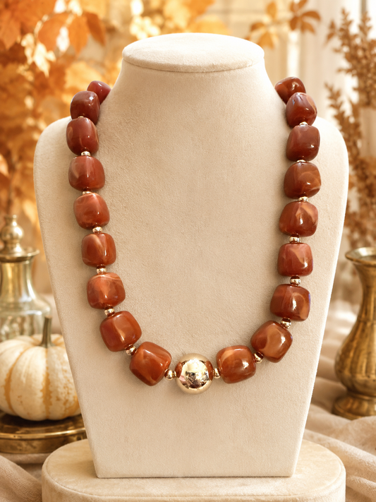 Brown Statement Bead Necklace, Chunky Brown Necklace, Gold Accent Beaded Jewelry, Fall Statement Necklace, Boutique Jewelry