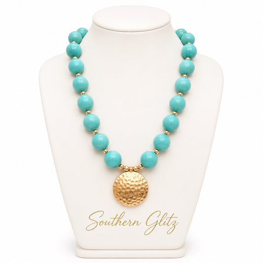 Turquoise Blue Beaded Necklace, Gold Pendant Necklace, Statement Bead Necklace, Aqua Jewelry, Boutique Necklace for Women