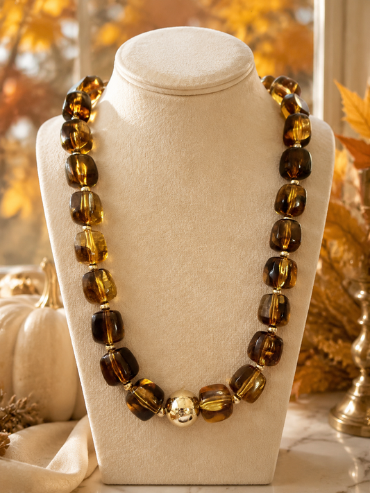 Tortoise Color Beaded Necklace, Chunky Statement Necklace, Gold Accent Necklace, Boutique Fall Jewelry for Women