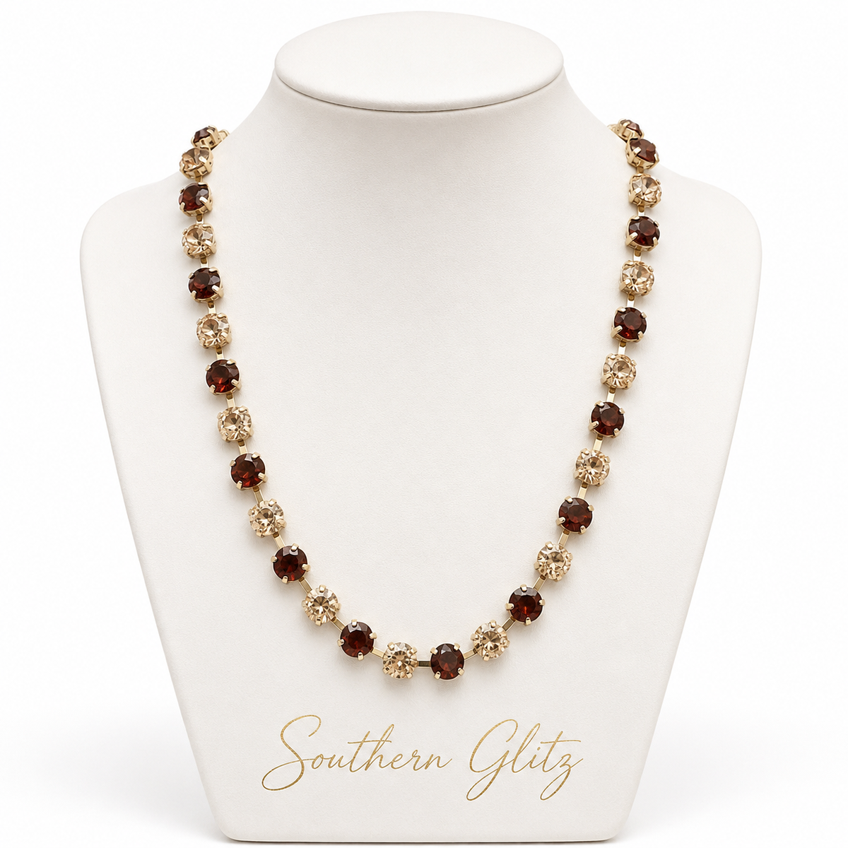 Brown and Champagne Crystal Necklace, Rhinestone Statement Necklace, Gold Tone Necklace, Neutral Sparkle Jewelry, Boutique Necklace for Women