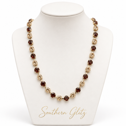 Brown and Champagne Crystal Necklace, Rhinestone Statement Necklace, Gold Tone Necklace, Neutral Sparkle Jewelry, Boutique Necklace for Women