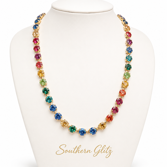 Multicolor Crystal Necklace, Rainbow Rhinestone Necklace, Gold Tone Statement Necklace, Colorful Boutique Jewelry, Gift for Her