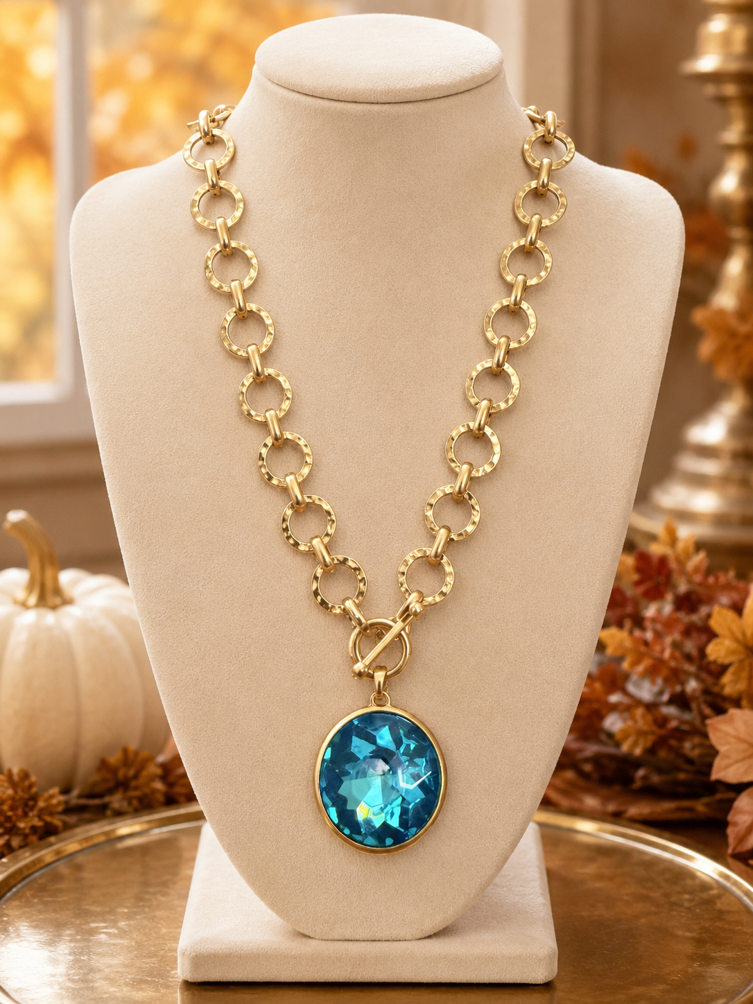 Turquoise Blue Crystal Pendant Necklace, Gold Tone Toggle Necklace, Statement Chain Jewelry, Elegant Boutique Necklace