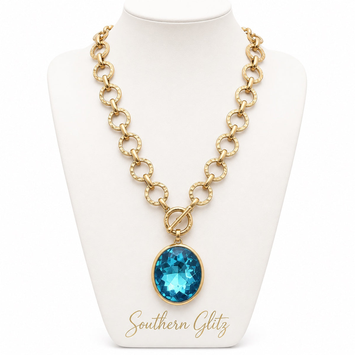 Turquoise Blue Crystal Pendant Necklace, Gold Tone Toggle Necklace, Statement Chain Jewelry, Elegant Boutique Necklace