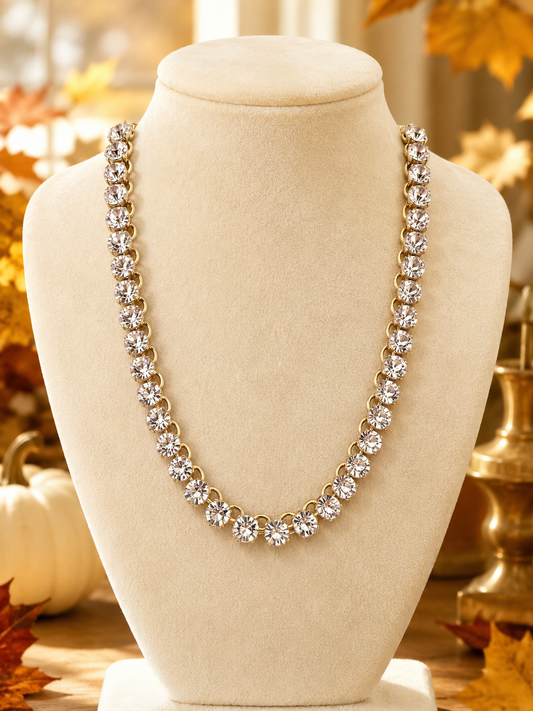 Gold Tone Crystal Statement Necklace, Sparkling Rhinestone Chain Necklace, Glamorous Boutique Jewelry, Bridal Party Gift
