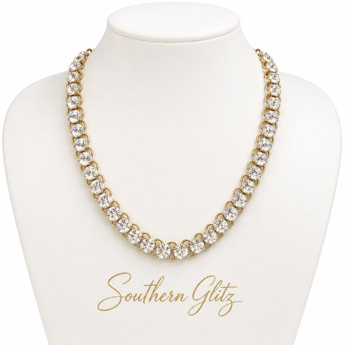 Gold Tone Crystal Statement Necklace, Sparkling Rhinestone Chain Necklace, Glamorous Boutique Jewelry, Bridal Party Gift