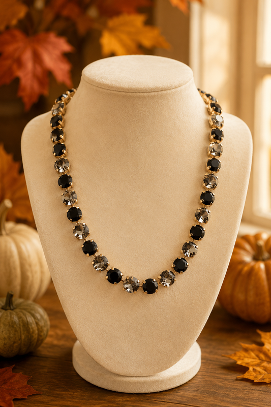 Black & Smoky Gray Crystal Necklace, Gold Tone Rhinestone Necklace, Elegant Statement Jewelry, Glam Boutique Necklace