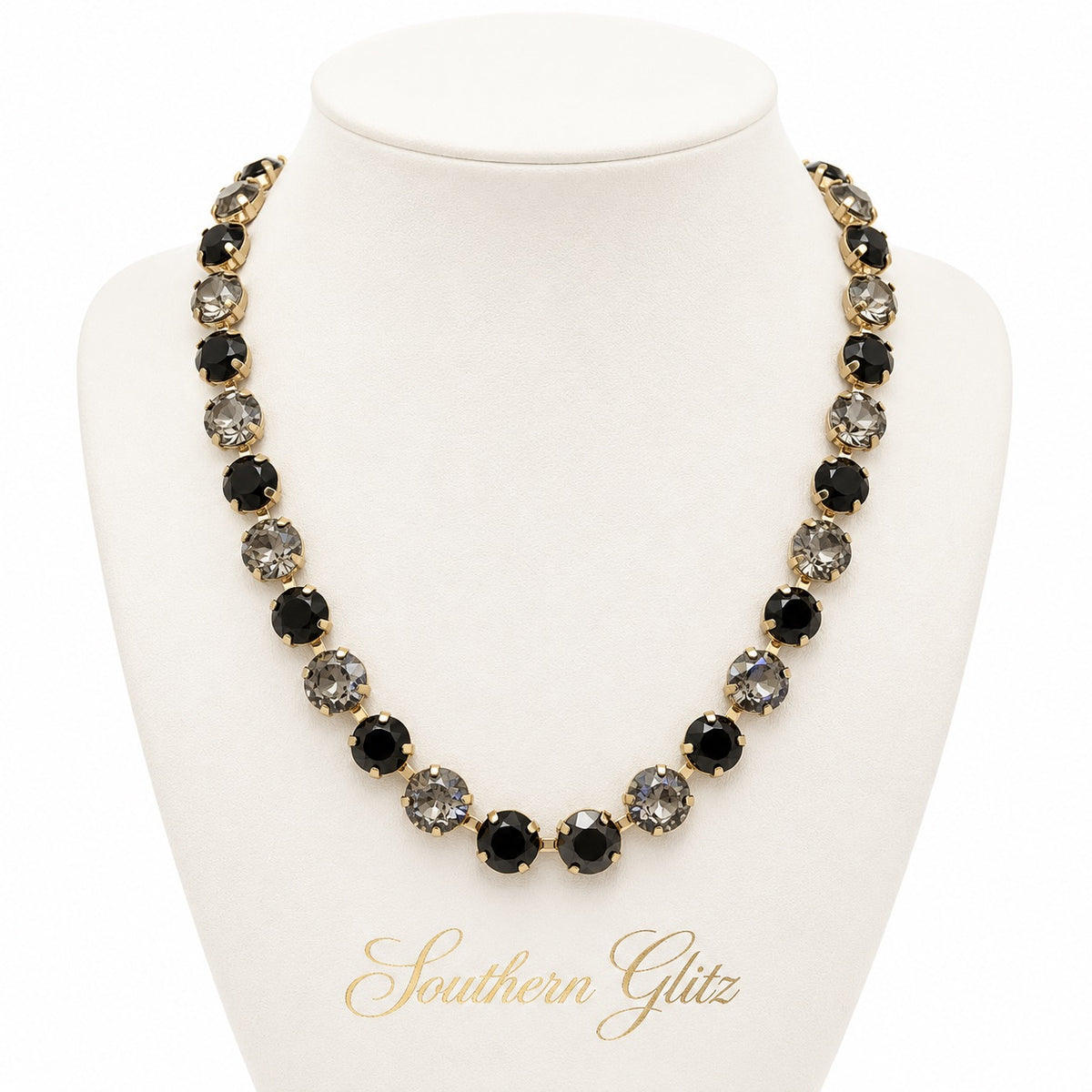 Black & Smoky Gray Crystal Necklace, Gold Tone Rhinestone Necklace, Elegant Statement Jewelry, Glam Boutique Necklace