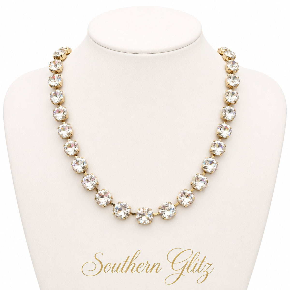 Clear Crystal Tennis Necklace, Gold Tone Rhinestone Necklace, Sparkling Statement Jewelry, Elegant Bridal & Party Necklace