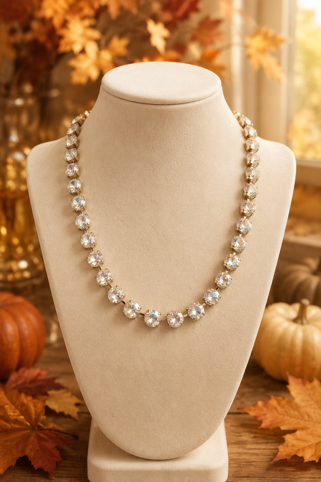 Clear Crystal Tennis Necklace, Gold Tone Rhinestone Necklace, Sparkling Statement Jewelry, Elegant Bridal & Party Necklace