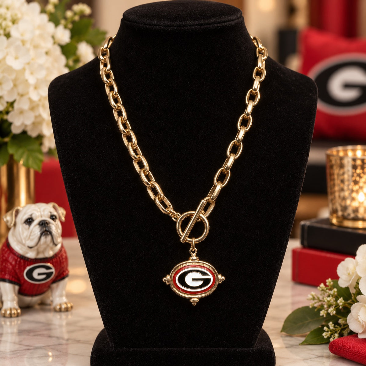 Georgia Bulldogs Necklace, Gold Toggle Gameday Necklace, Red Black UGA Jewelry, Georgia Football Fan Gift, Bulldog Game Day Jewelry
