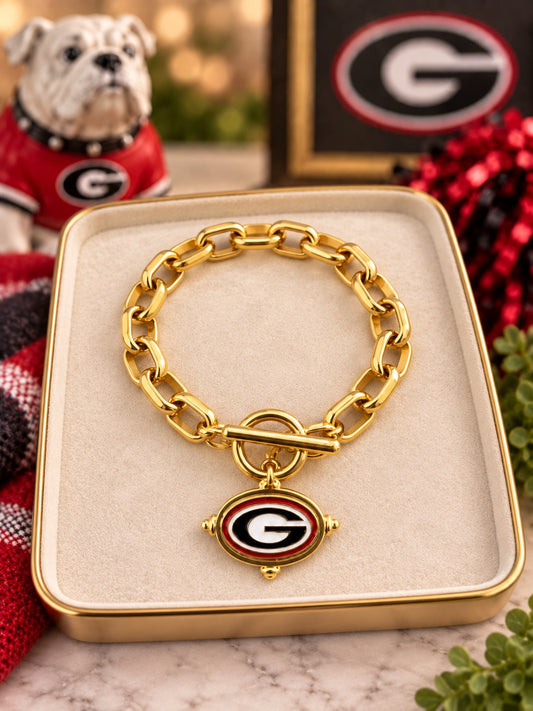 Georgia G Bracelet, Gold Toggle Bracelet, Georgia Bulldogs Jewelry, Red Black Game Day Bracelet, Football Fan Gift, Tailgate Jewelry
