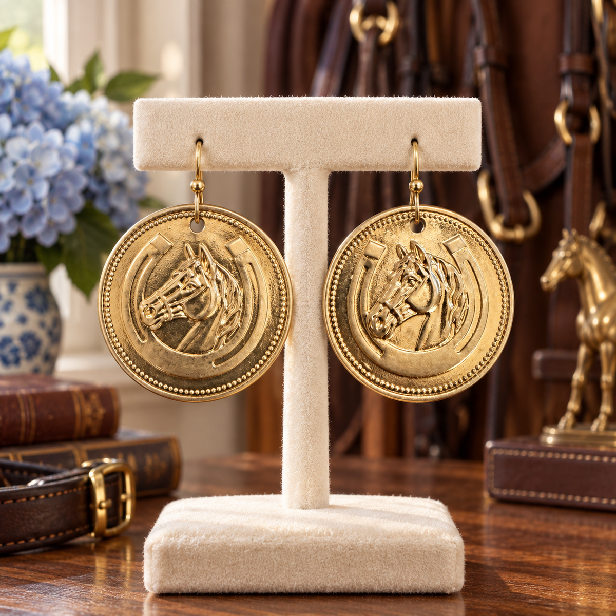 Gold Horse Medallion Earrings, Horseshoe Dangle Earrings, Equestrian Jewelry, Western Horse Earrings, Horse Lover Gift