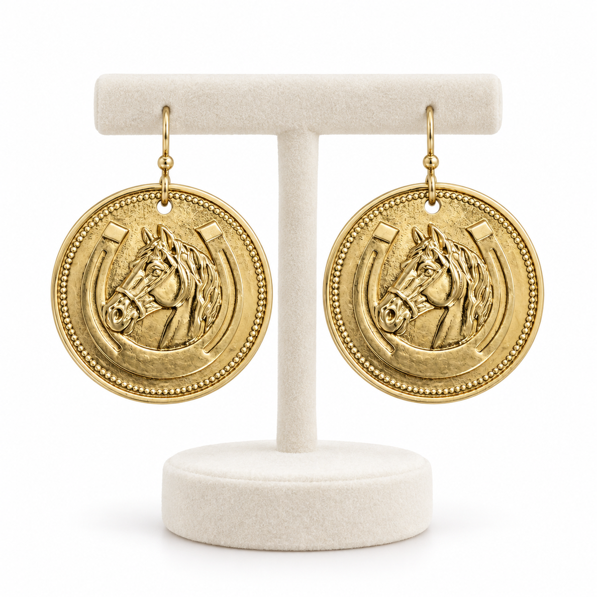 Gold Horse Medallion Earrings, Horseshoe Dangle Earrings, Equestrian Jewelry, Western Horse Earrings, Horse Lover Gift