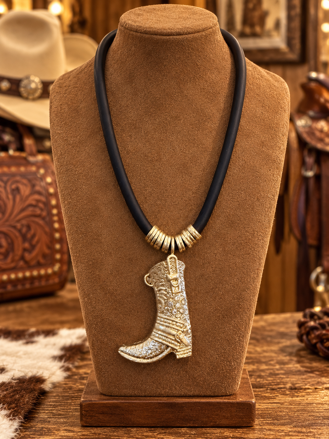 Western Cowboy Boot Pendant Necklace, Black Cord Statement Necklace, Gold Tone Cowgirl Jewelry, Rodeo Western Boutique Necklace