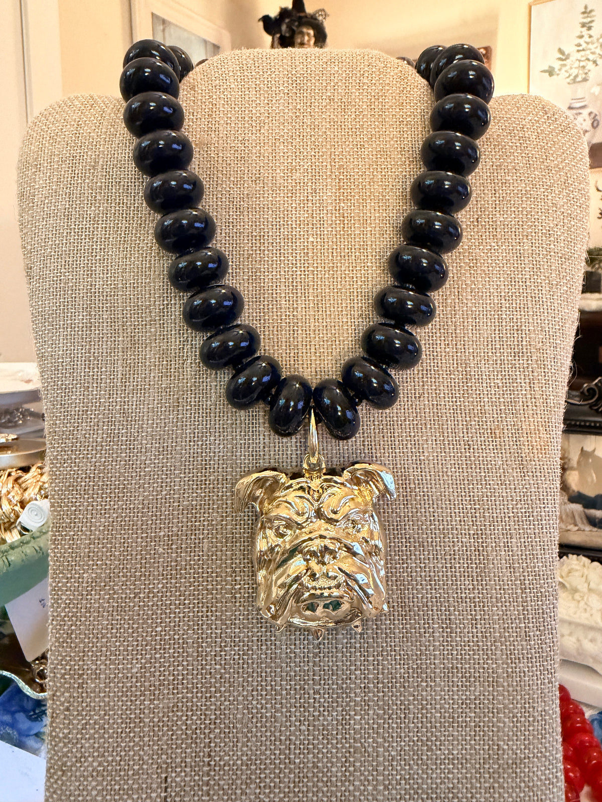 Black Beaded Bulldog Necklace, Gold Bulldog Pendant Necklace, Georgia Game Day Jewelry, Statement Football Necklace, Bulldog Fan Gift