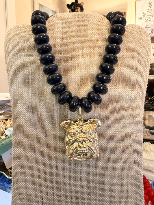 Black Beaded Bulldog Necklace, Gold Bulldog Pendant Necklace, Georgia Game Day Jewelry, Statement Football Necklace, Bulldog Fan Gift