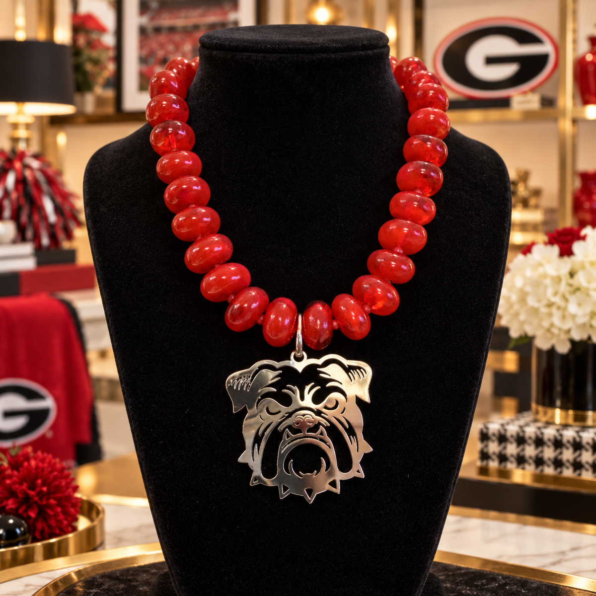Georgia Bulldog Necklace, Red Beaded Bulldog Pendant Necklace, Georgia Game Day Jewelry, Red and Silver Statement Necklace, Football Fan Gift