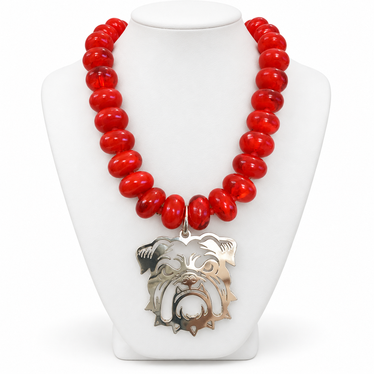 Georgia Bulldog Necklace, Red Beaded Bulldog Pendant Necklace, Georgia Game Day Jewelry, Red and Silver Statement Necklace, Football Fan Gift
