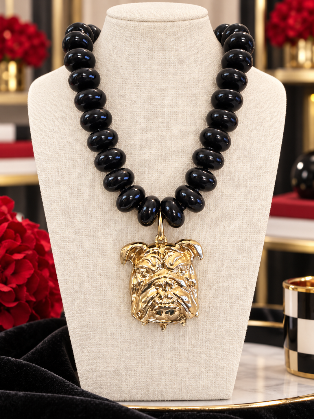 Black Beaded Bulldog Necklace, Gold Bulldog Pendant Necklace, Georgia Game Day Jewelry, Statement Football Necklace, Bulldog Fan Gift