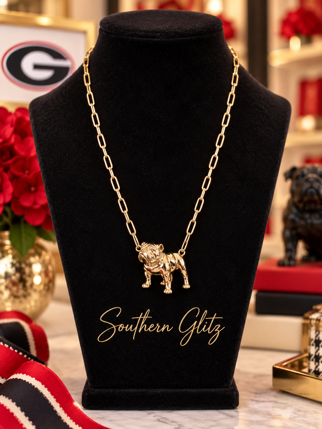Gold Bulldog Necklace, Bulldog Pendant Necklace, Gold Paperclip Chain Necklace, Game Day Jewelry, Football Fan Gift, Bulldog Lover Gift
