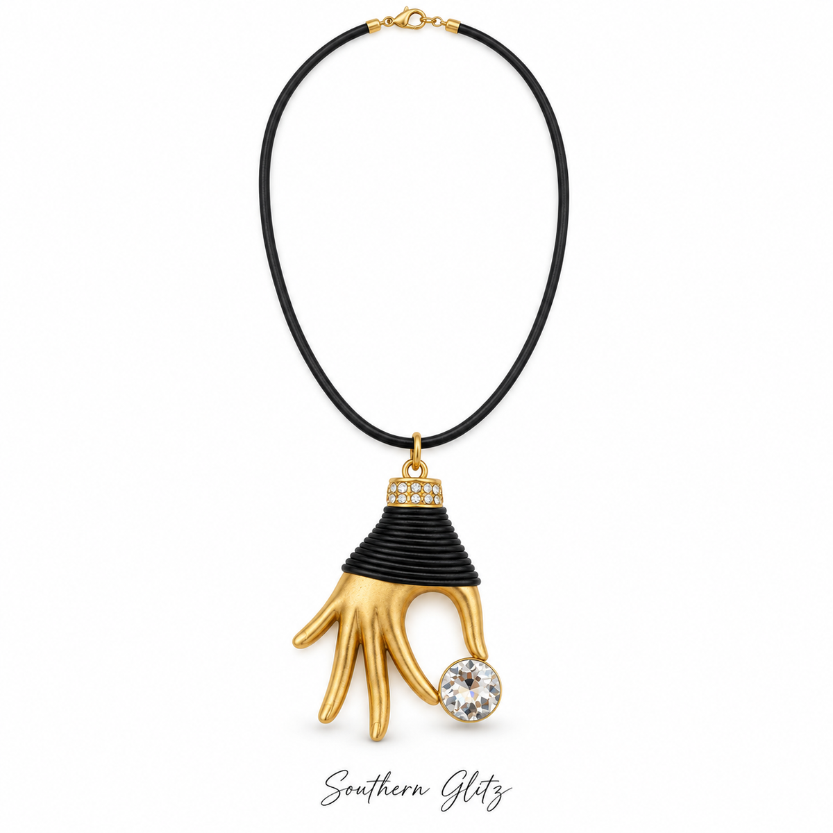 Gold Hand Pendant Necklace, Black Cord Statement Necklace, Crystal Accent Jewelry, Unique Boutique Necklace, Southern Glitz Jewelry