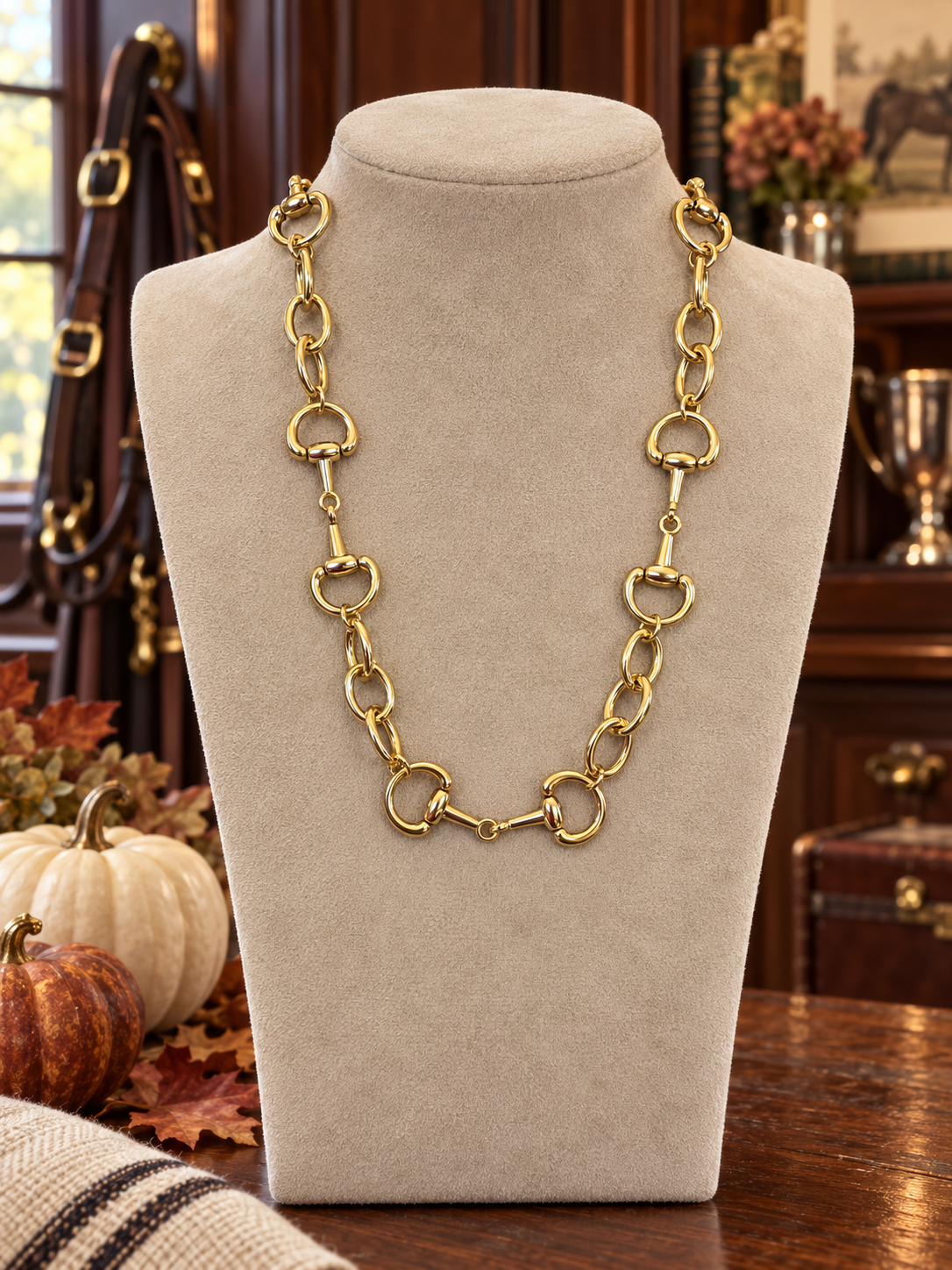 Gold Horse Bit Necklace, Equestrian Statement Necklace, Gold Link Snaffle Bit Jewelry, Horse Lover Gift, Equestrian Boutique Jewelry
