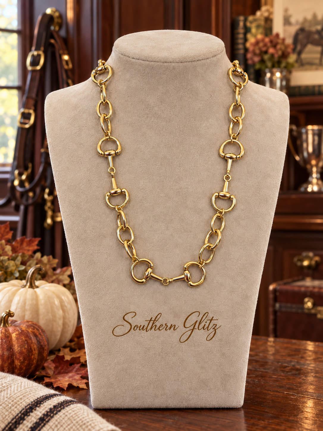 Gold Horse Bit Necklace, Equestrian Statement Necklace, Gold Link Snaffle Bit Jewelry, Horse Lover Gift, Equestrian Boutique Jewelry