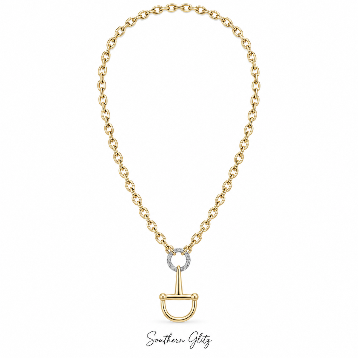 Gold Stirrup Necklace, Equestrian Pendant Necklace, Horse Lover Jewelry, Crystal Accent Gold Chain, Horse Rider Gift, Equestrian Jewelry