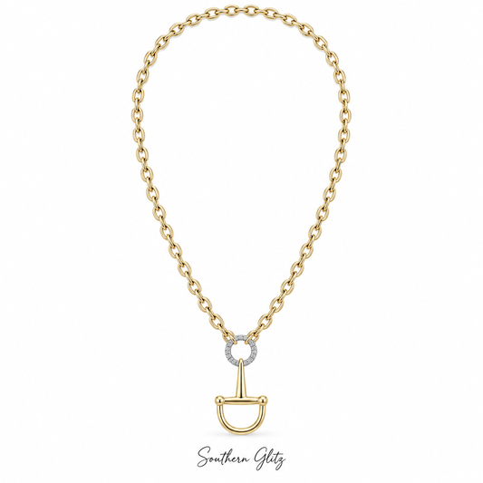 Gold Stirrup Necklace, Equestrian Pendant Necklace, Horse Lover Jewelry, Crystal Accent Gold Chain, Horse Rider Gift, Equestrian Jewelry